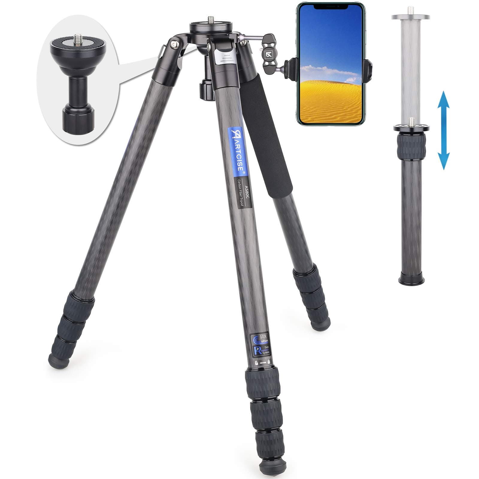 ARTCISE Carbon Fibre Tripod 196 cm Camera Video Tripod with 65 mm Quick Bowl and Central Column for Digital SLR Camcorder Maximum Load 44 lb/20 kg