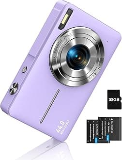 Purple Digital Compact Camera - 44MP, 1080P FHD, 16X Zoom, Simple & Portable with 32G Card for Beginners to Seniors
