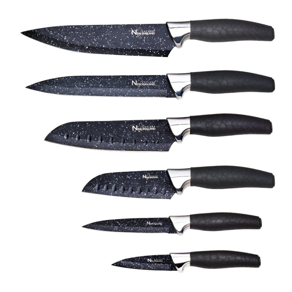 New England Cutlery 6 Piece Marble Finish Steel Knife Set with Guard, Black