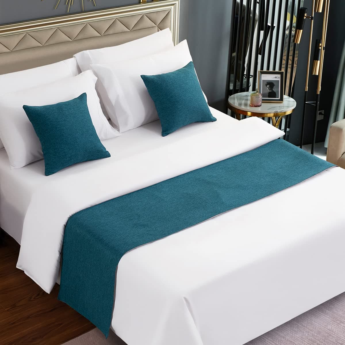 AMBERIS Bed Runner Blue, Imitation Linen Decorative Bed Scarf for Home Hotel (Pillowcases Sold Separately)