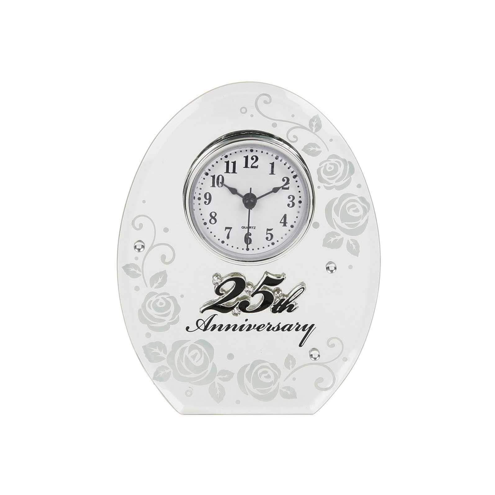 Shudehill Giftware 25th Silver Wedding Anniversary Mirrored Clock Gifts, 17cm x 13cm