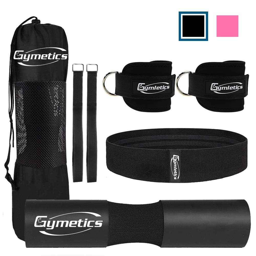 Gymletics 7 Pack Barbell Squat Pad for Standard Set, Barbell Pad for Hip Thrusts, 2 Gym Ankle Straps, Hip Exercise Band, 2 Squat Pad Safety Straps and Carry Bag …
