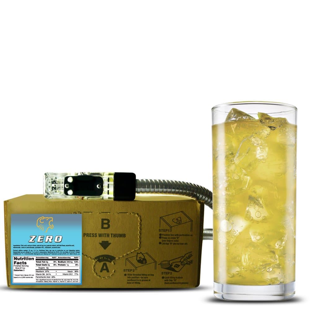 Zero energy drink (1 Gallon Bag-in-Box Syrup Concentrate) - Sweetened with Stevia - Zero Calories, Carbs, Sugar - Box Pours 6 Gal of Energy Drink - Use with Bar Gun, Fountain, SodaStream
