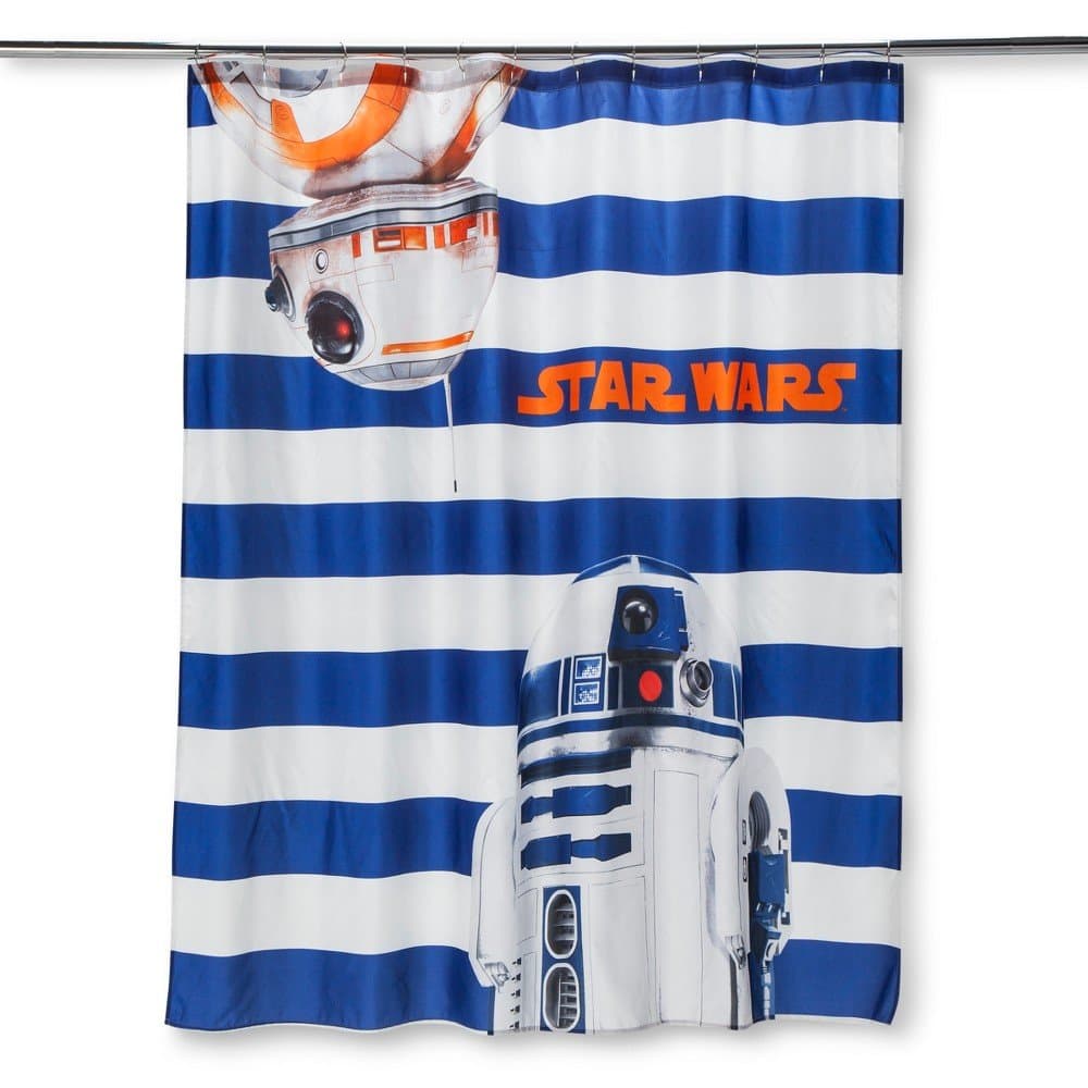 Star Wars Robot Shower Curtain: Blue and White Stripe