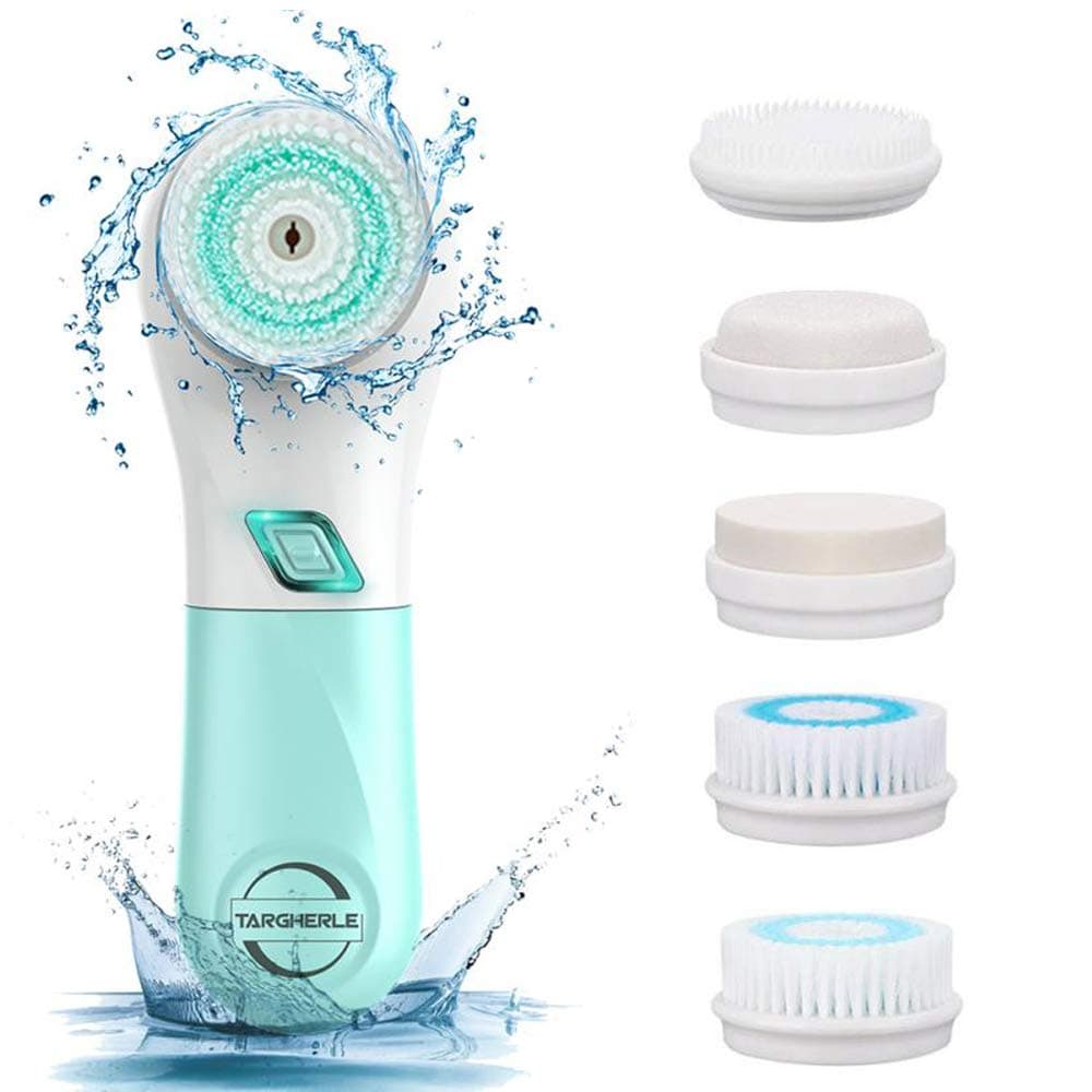 Facial Cleansing Brush, Targherle Facial Brush Waterproof Battery Operated Face Brush Set with 5 Brush Heads for Deep Cleansing, Exfoliating, Removing Blackhead and Makeup Residue (Green)