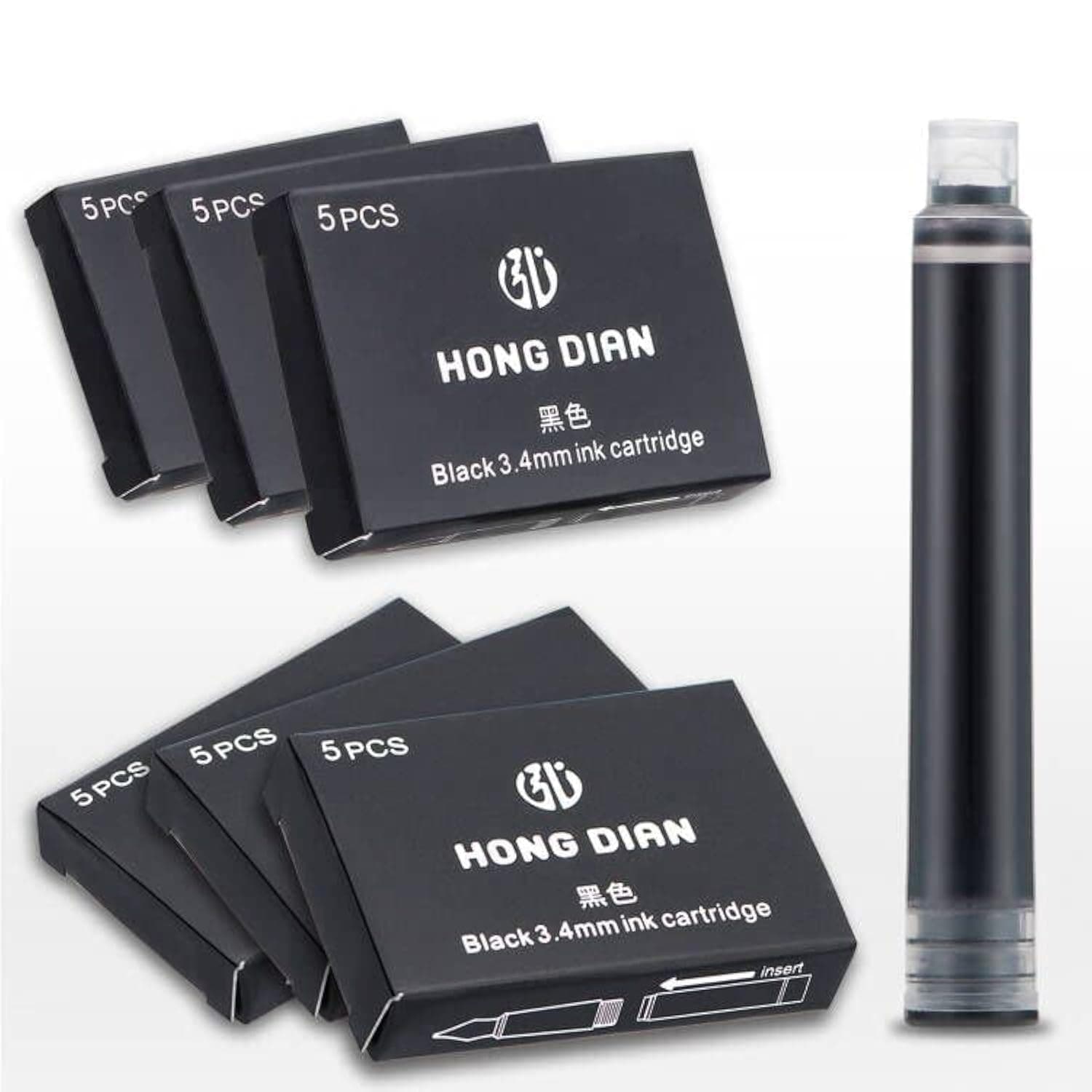 Hongdian Fountain Pen Ink Cartridges Black Color, Set of 30 Refill Ink Cartridges, 3.4 mm Bore Diameter
