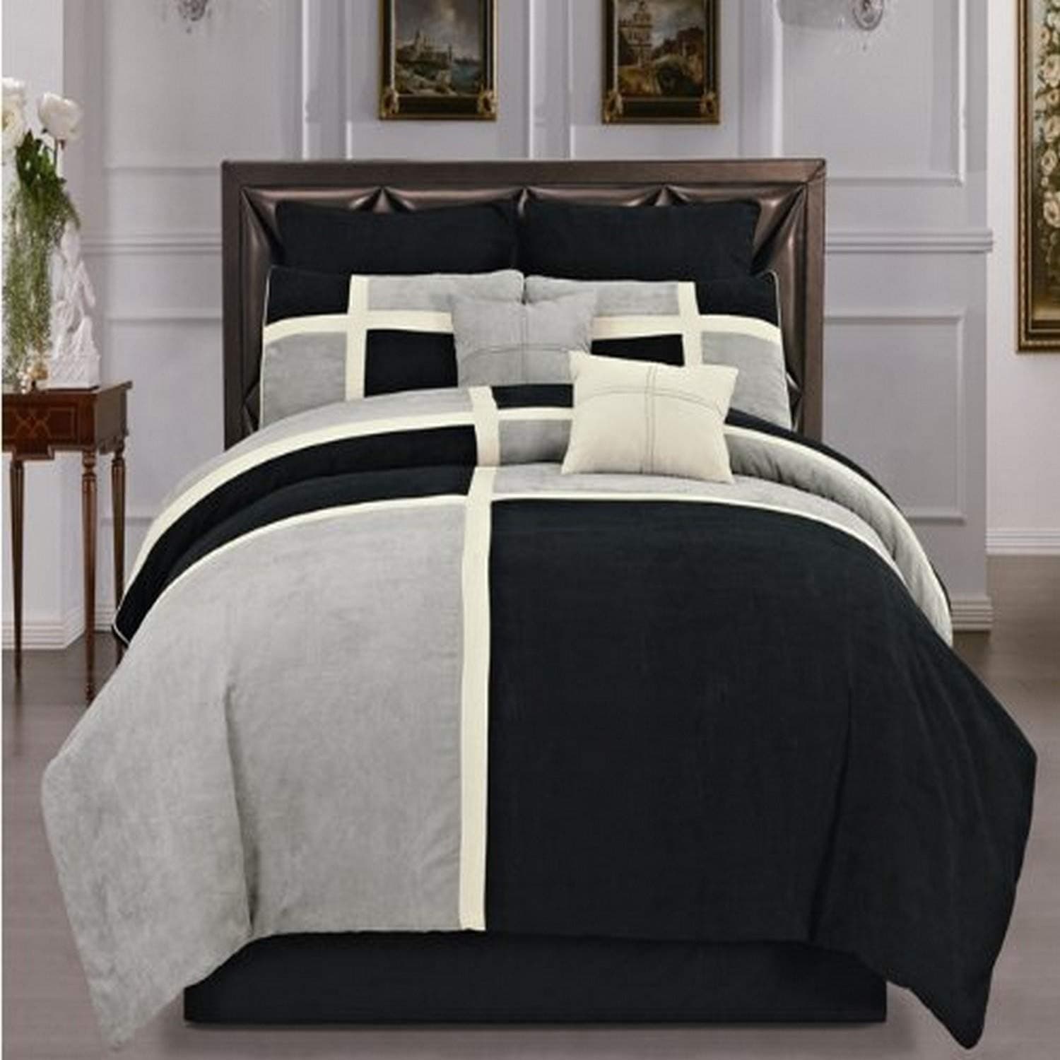 Microsuede Comforter Duvet Cover Set, Queen, Black Grey, 8 Piece