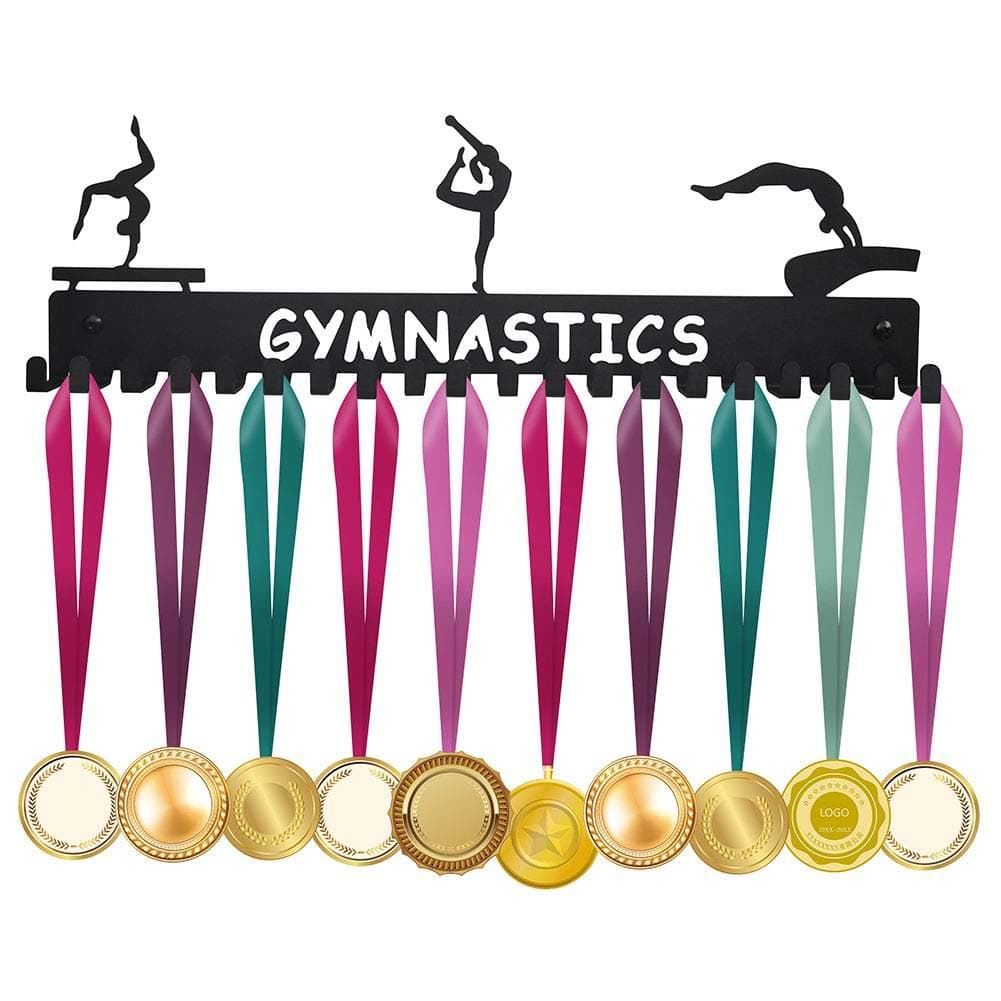 Sports Medal Hanger Display Holder Hook Rack for 40 Medals - Gymnastics (16" Wide with 20 Hooks) - Black- Awesome Gifts