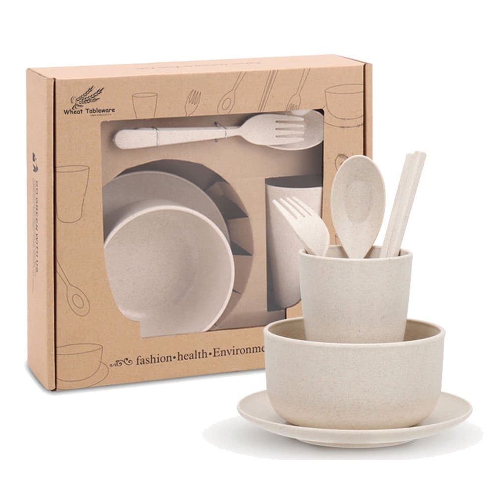 Healthy Kitchen Dinnerware Bowl Sets Eco Biodegradable Unbreakable Dinner Plates Bowl Dinnerware, Fork, Spoon, Cup, Chopsticks (6, 6pcs Khaki)