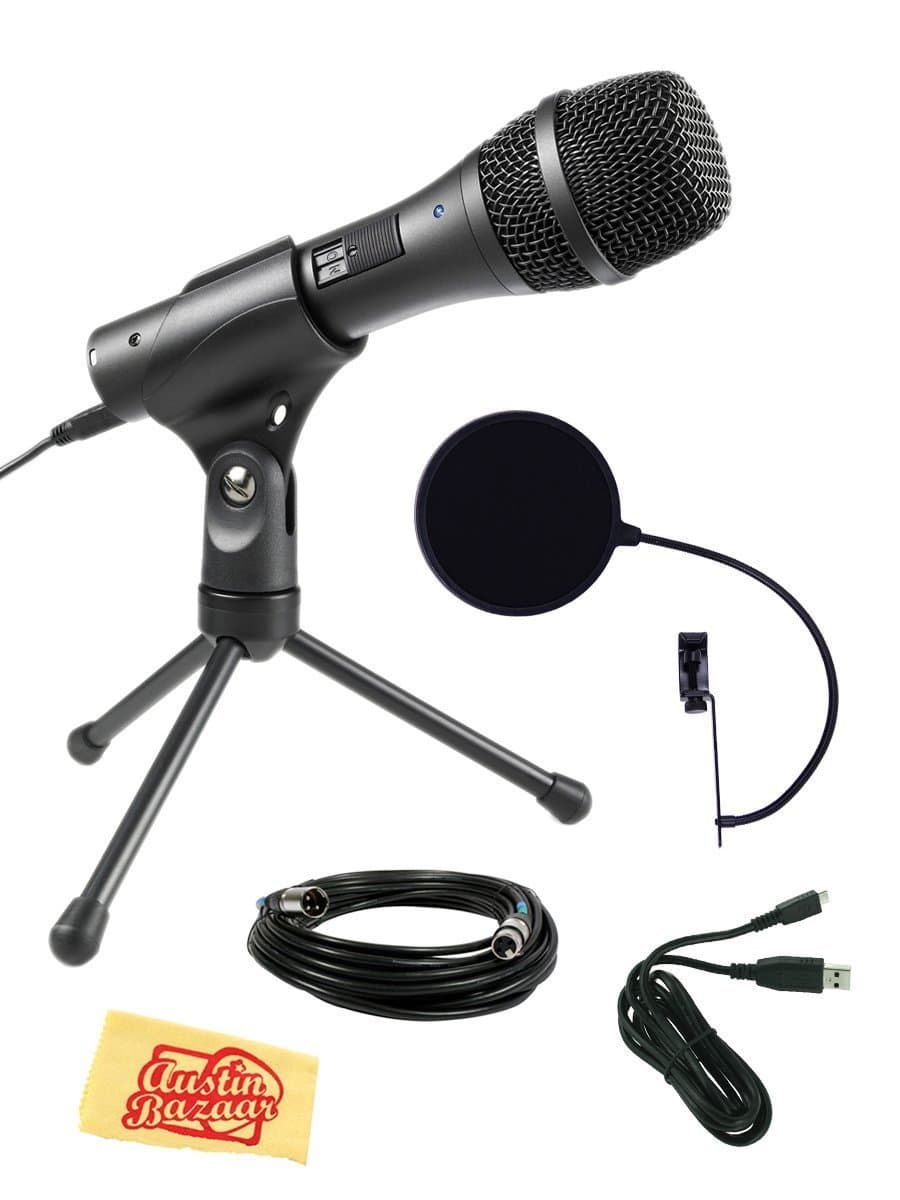 Audio-Technica AT2005USB Cardioid Dynamic USB/XLR Microphone Bundle with Pop Filter, XLR Cable, USB Cable, and Austin Bazaar Polishing Cloth, Black,