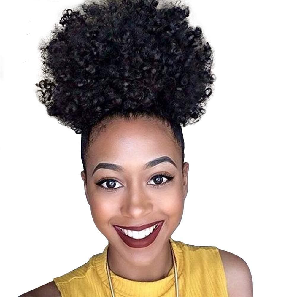 DEYNGS Ponytail African American Short Afro Kinky Curly Wrap Synthetic Drawstring Puff Ponytail (1B)