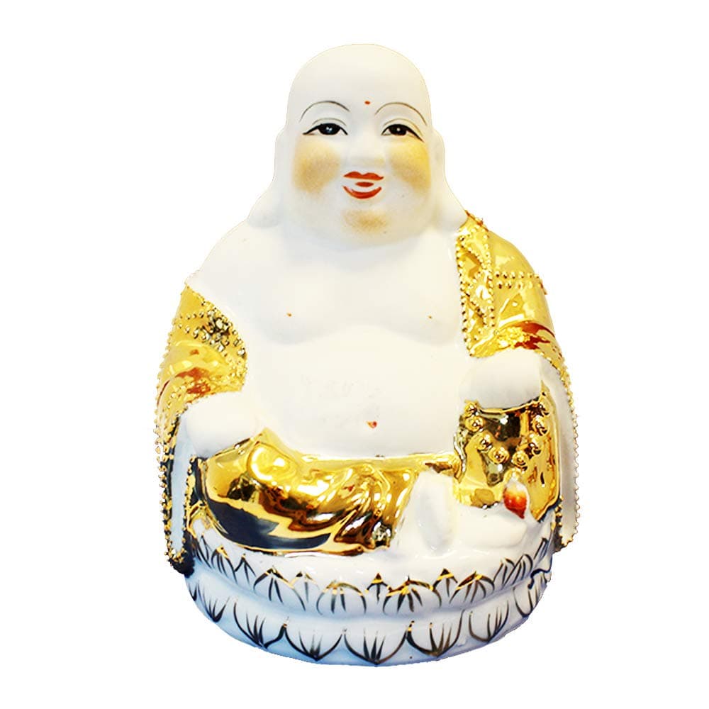 Laughing Buddha white statue with Gold color Jacket holding beads (Wisdom and luck)