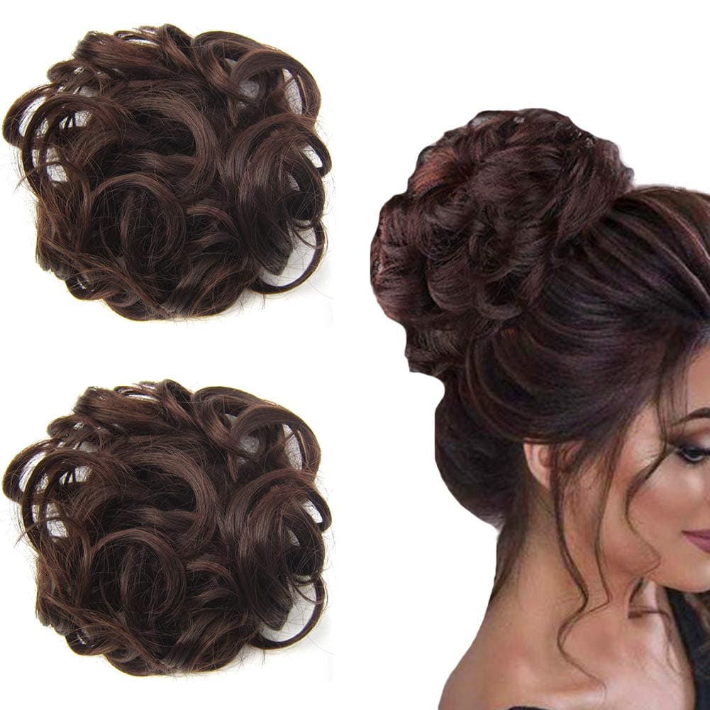 2 PCS Messy Scrunchie Hair Bun Extension Elastic Band Wavy Chignon Updo Hairpiece-Darkest Brown & Dark Auburn M2/33