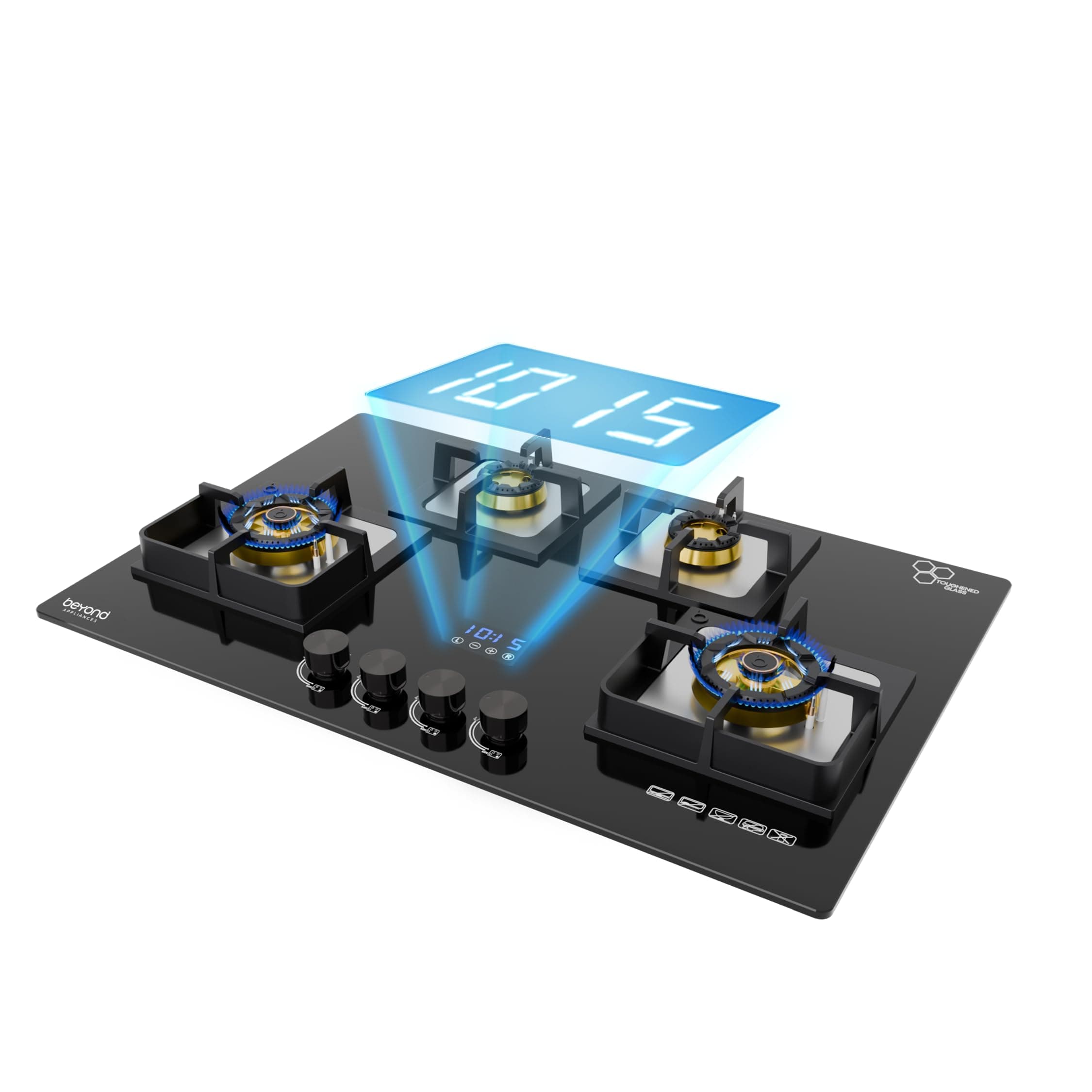 Beyond Appliances Dorado 4 Burner Smart Glass Hobtop Gas Stove | Auto Ignition | Digital Timer | Flame Failure Device | Toughened Glass | LPG & PNG Compatible