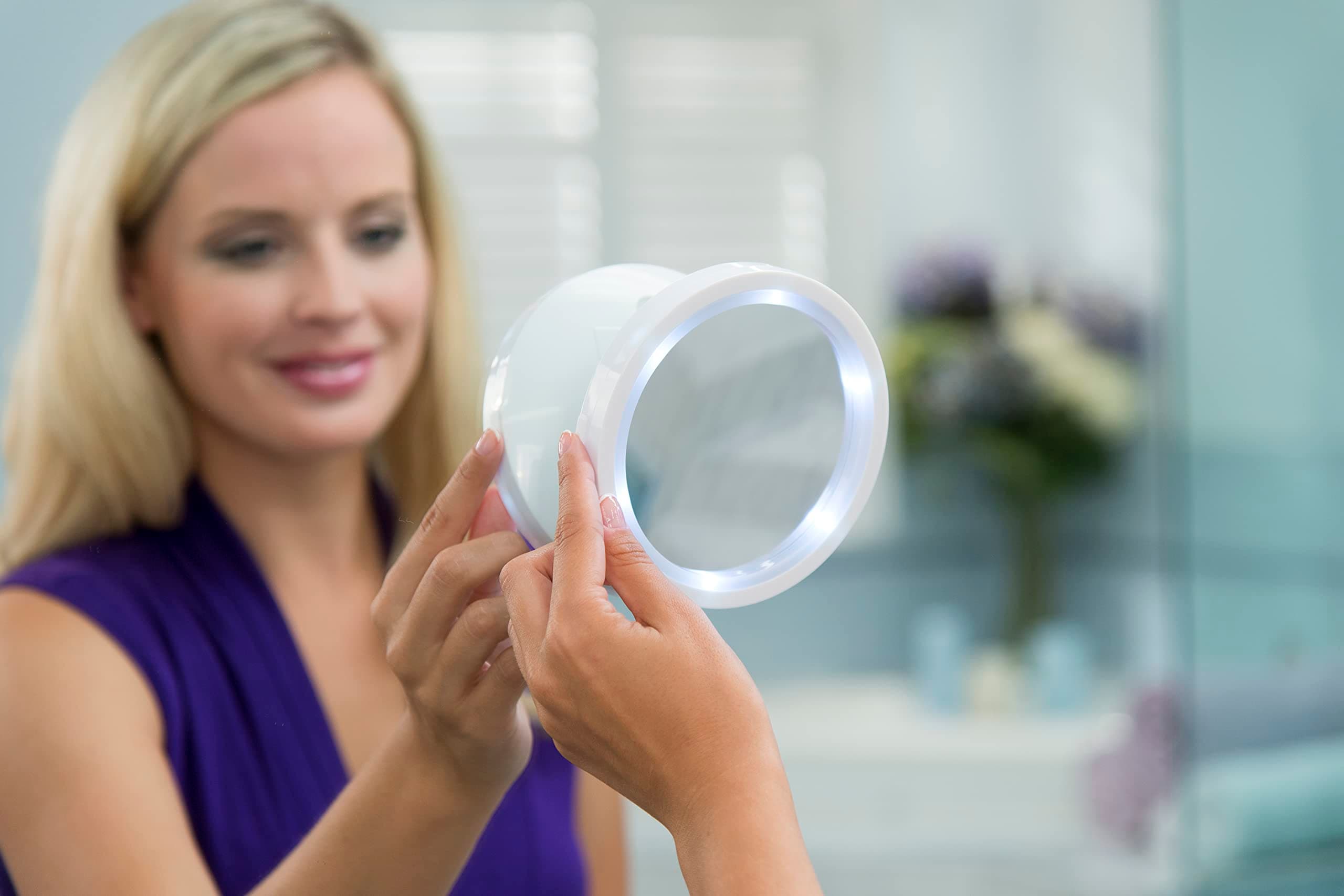 HomewellSwivel Brite Magnifying Mirror with Light for Bathroom Mirrors, 8X Magnification - Mounted Ring Light Mirror w/Magnetic 360° Rotation, Super Bright LED - Travel Lighted Makeup Mirror