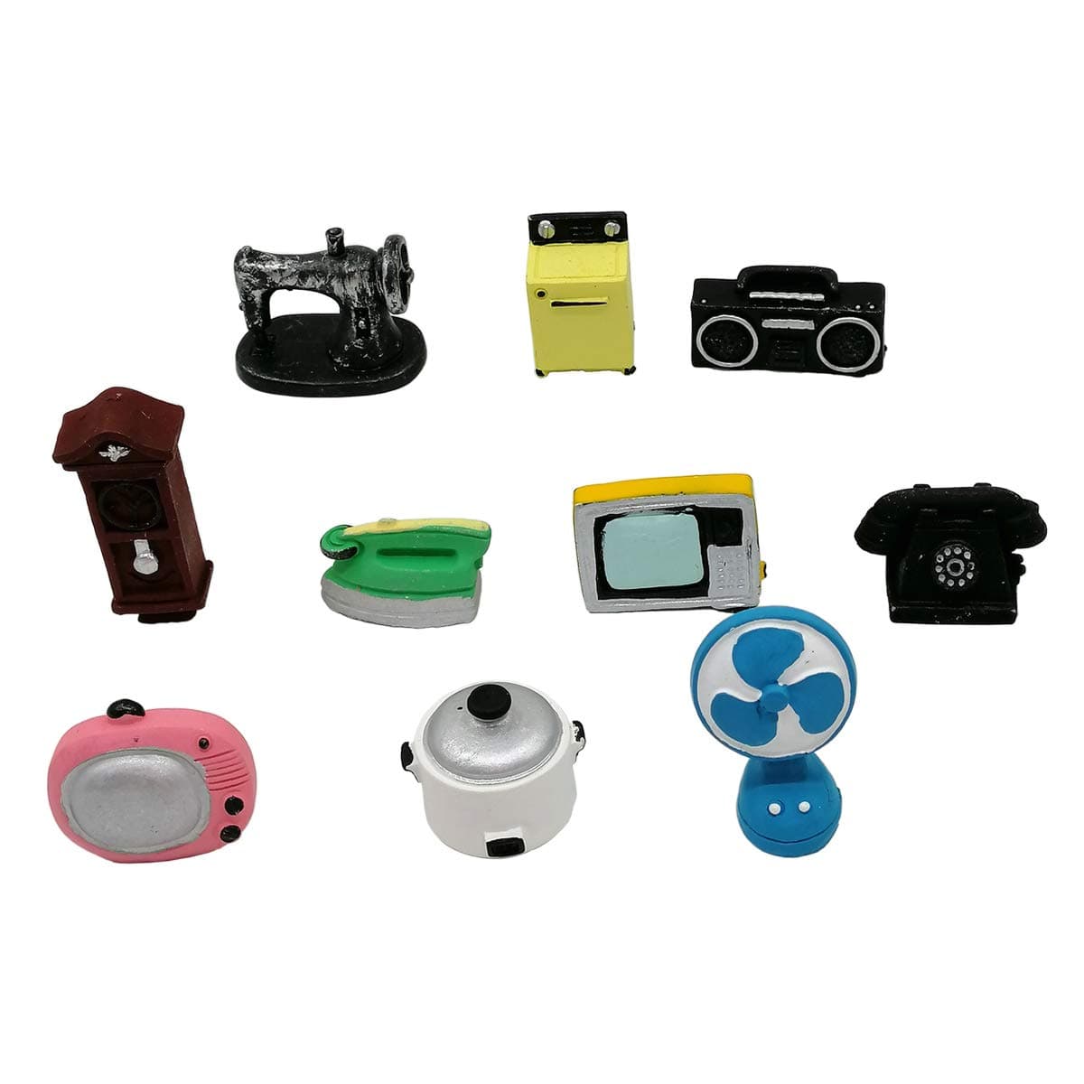 EMiEN 10PCS Old Fashioned Retro Mini Dollhouse Miniature Home Appliances Models Kit, Sewing Machine,Television,Radio,Telephone,Wall Clock,Rice Cooker,Iron,Washing Machine,Fan for Dollhouse Decoration