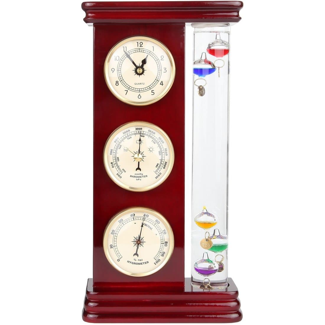Lily's Home Analog Weather Station with Galileo Thermometer, Precision Quartz Clock (Gold), Barometer & Hygrometer, Gift for Family or Friends, Indoor and Outdoor Home Décor (6" L x 2" W x 12" H)