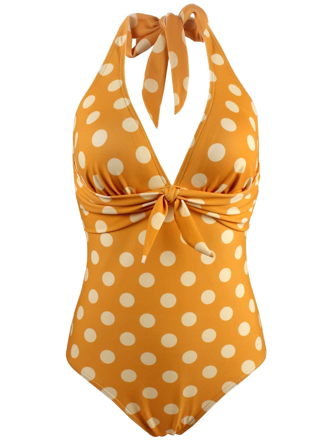 Balasami Women's Halter V Neck Tropical Lemon Polka Dots Printed Vintage One Piece Bow Tie High Leg Swimsuits