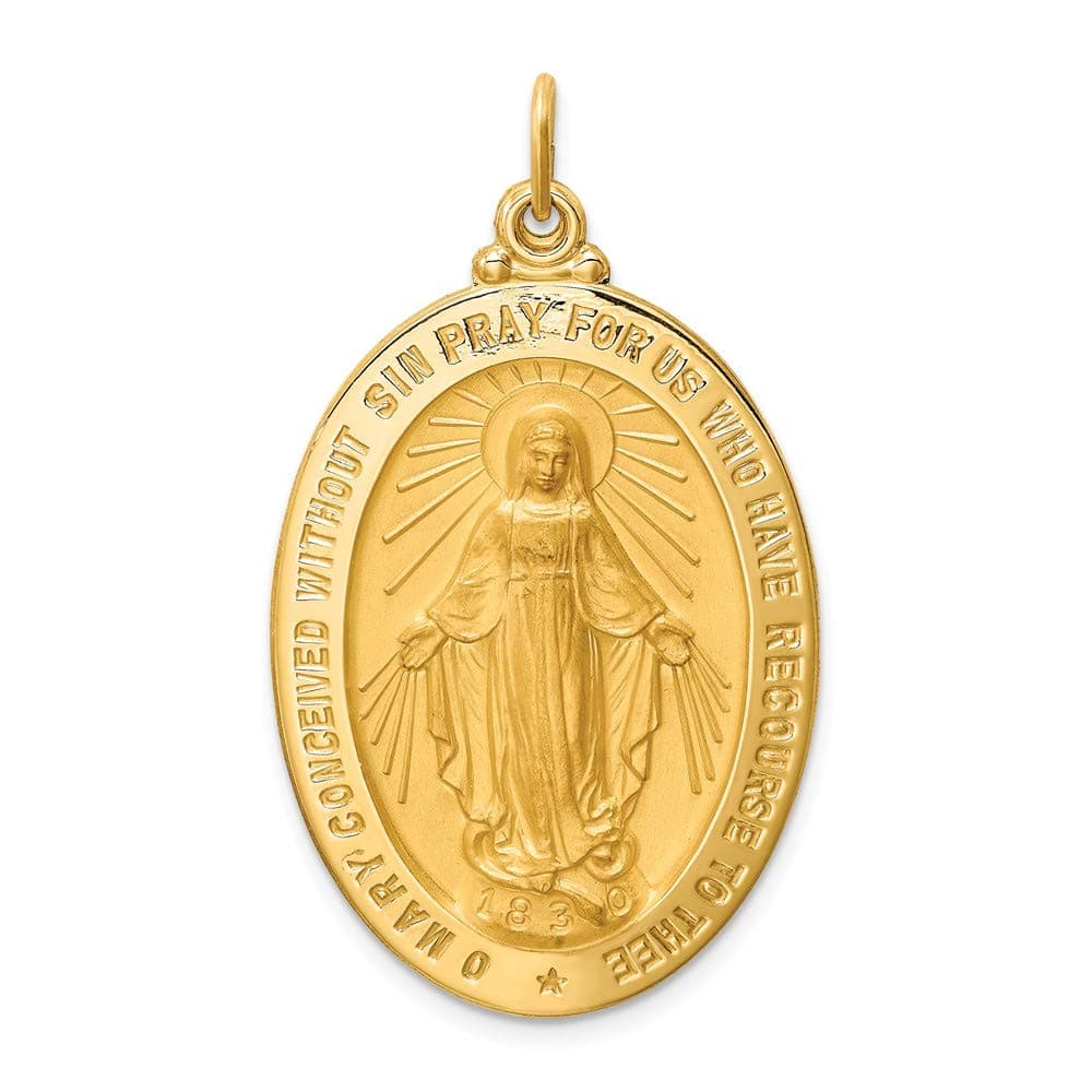 14K Yellow Gold Plated Solid Polished & Satin Large Oval Miraculous Medal Pendant