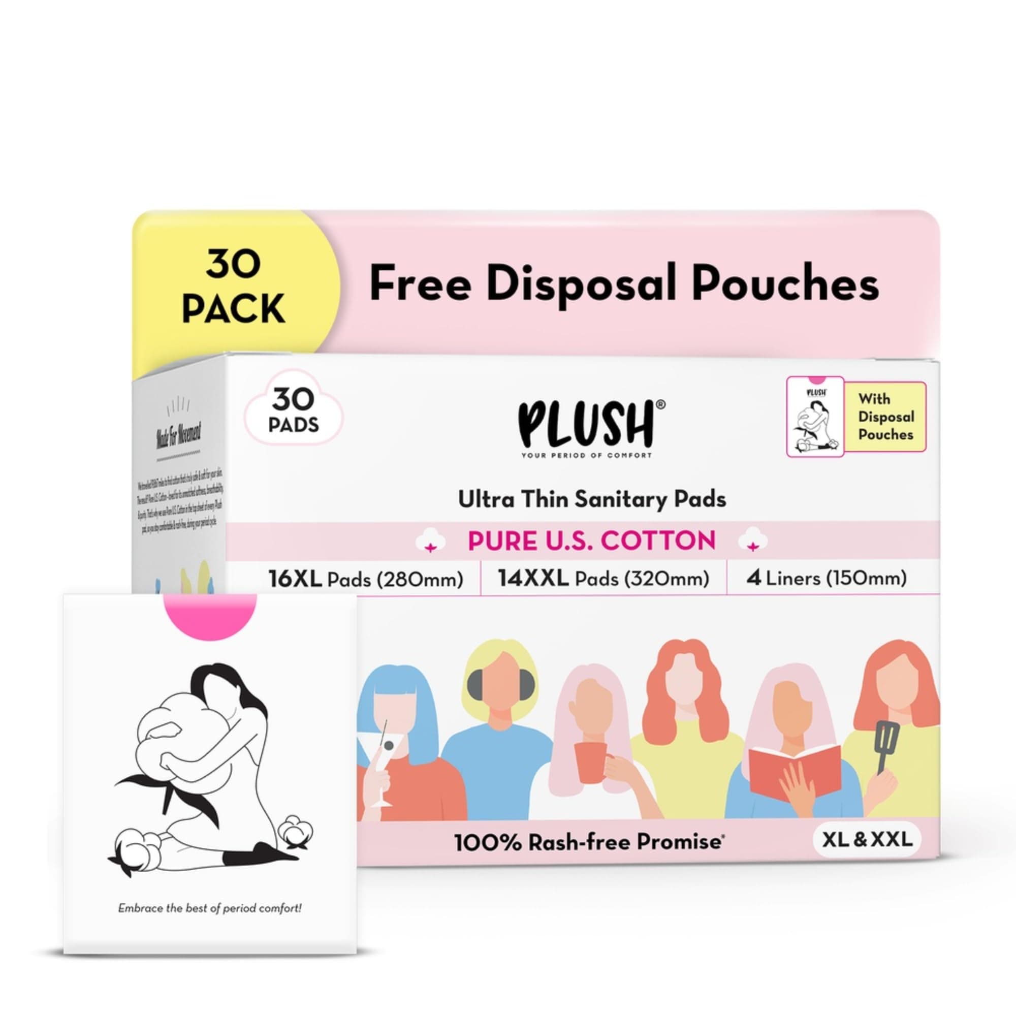 Plush Ultra-Thin Sanitary Napkins for Women, 30 Pcs | 16 XL Pads (Light-Medium Flow), 14 XXL Pads (Heavy Flow), 4Panty Liners | 100% Rash-Free | Pure U.S. Cotton XXL Sanitary Pads with Free Disposable Pouches | No Fragrance | No Toxic-Chemicals