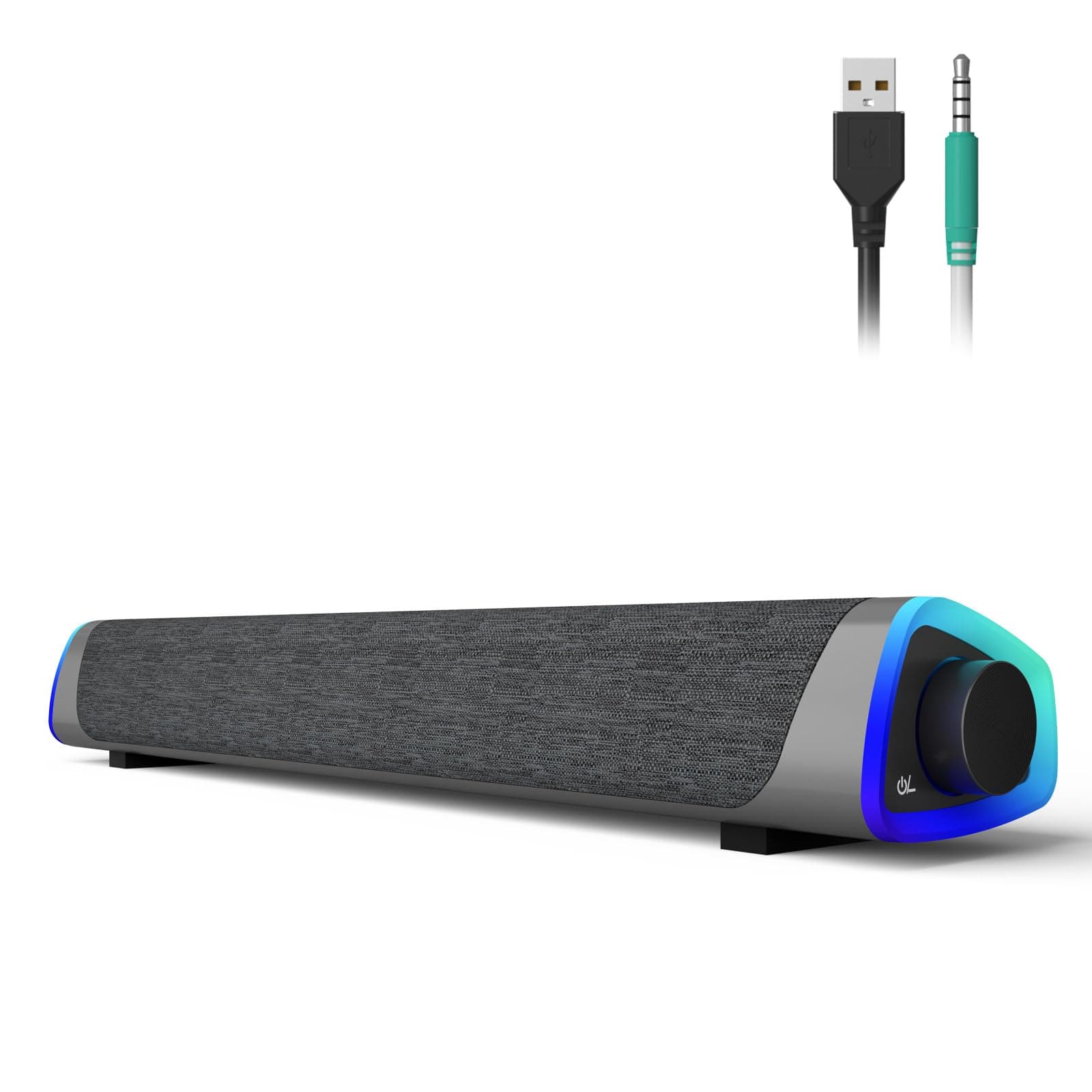 SOULION R30 Computer Speakers, USB Powered PC Speaker, Colorful LED Lights with Switch Button, 3.5mm Aux Surround Soundbar for Desktop Laptop Monitor Office Work Music Gray