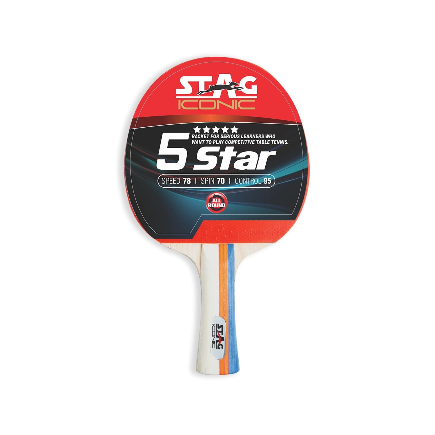 STAG ICONIC 5 Star Table Tennis Racquet | ITTF Approved Rubber | Speed 75 Spin 75 Control 90 | Flared Handle | 6 Ply Wooden Blade | Professional TT Bat for Intermediate Players