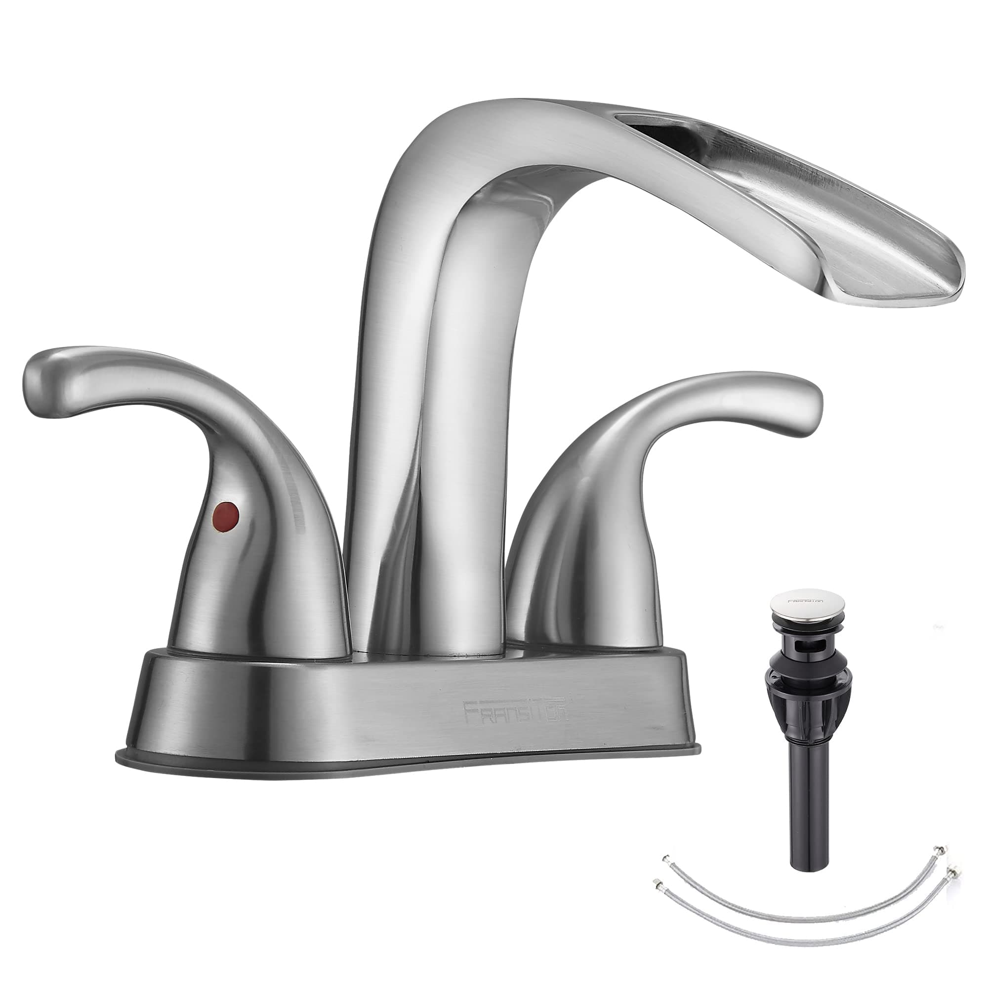 Waterfall Bathroom Faucet FRANSITON Bathroom Sink Faucet 4 Inch 2 Handle 3 Hole w/ Pop Up Drain, Lead-Free Faucet for Bathroom Sink, Brushed Nickel Lavatory Faucet