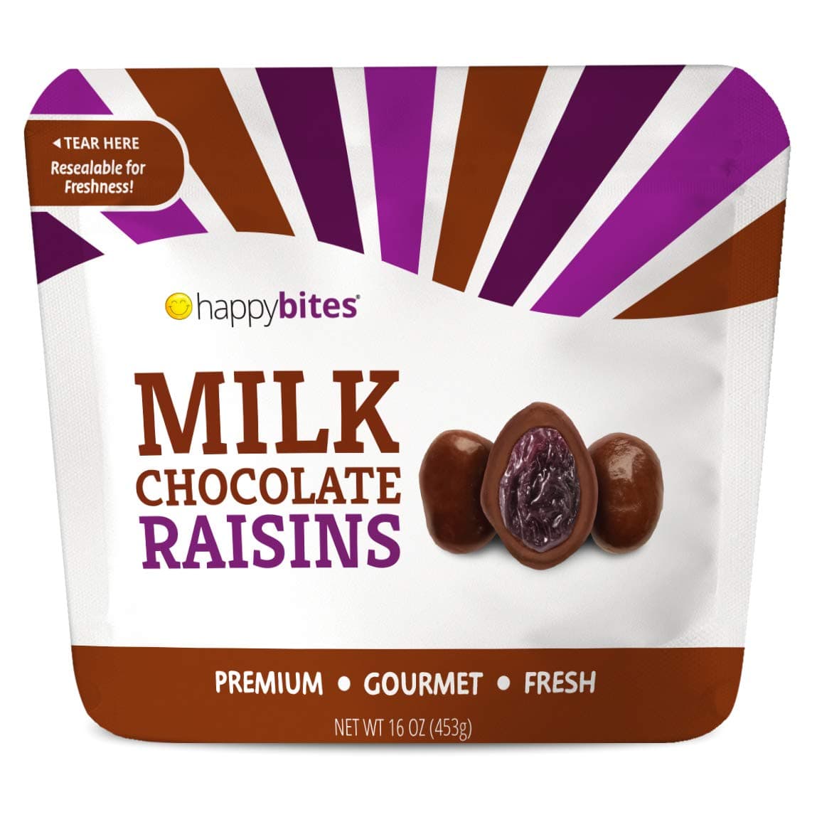 Happy Bites Milk Chocolate Covered Raisins - Pure Milk Chocolate - Resealable Pouch Bag (1 Pound)