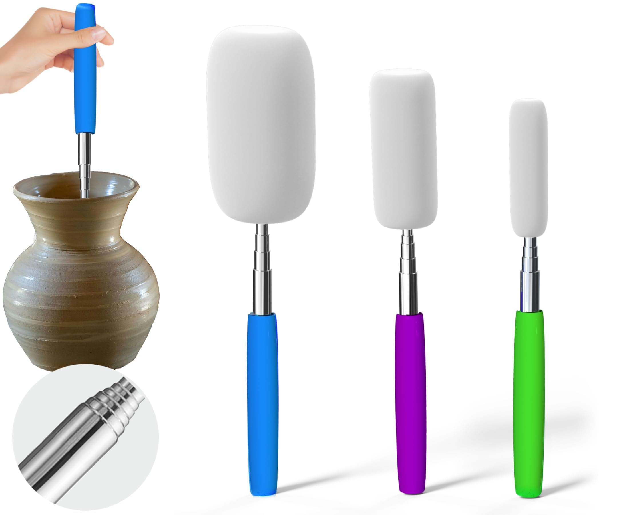 Telescoping Sponge Stick for Pottery, 27 Inches Long Pottery Sponges, Pottery Tool for Removing Excess Water from Tall and Narrow Pottery, 3 Pack