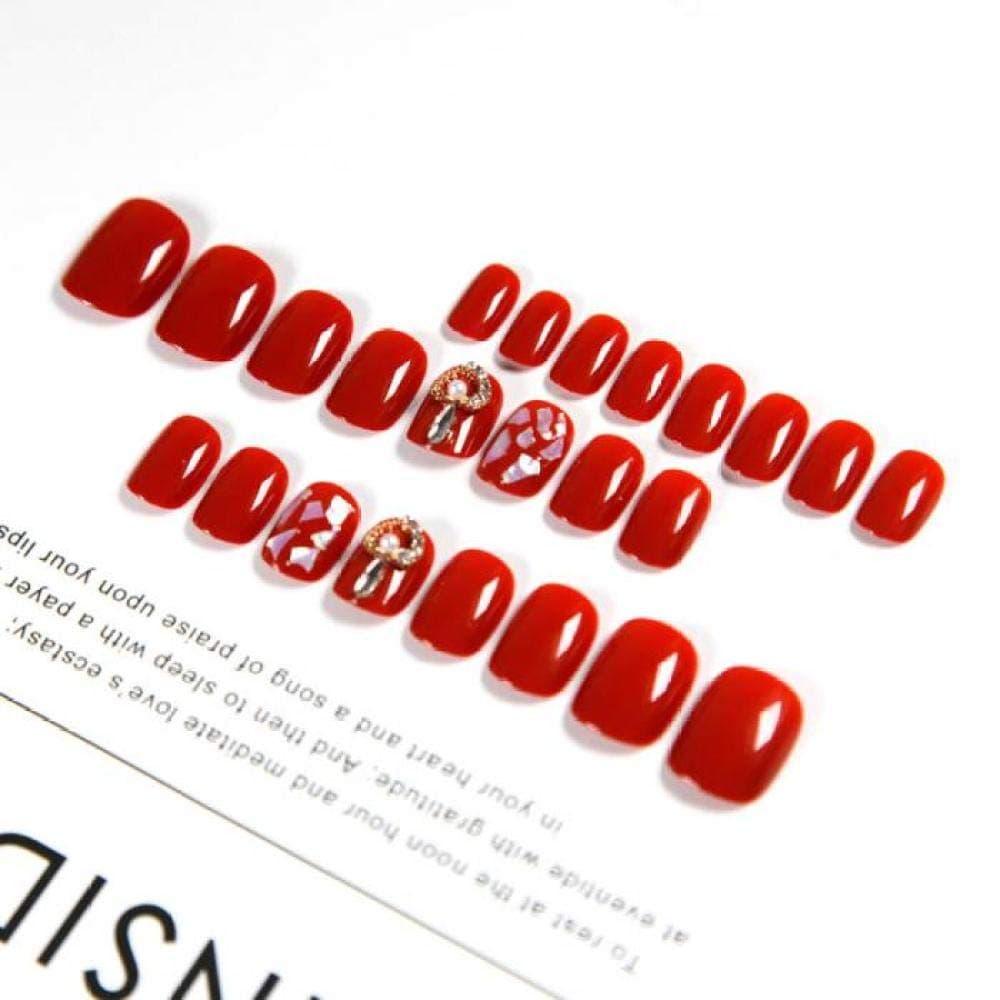 TJJF Fake Nails 24Pcs/Boxed Japan Style Red Color With Rhinestone Short Square Head Pess On Nails Women Wearable Full Cover Fake Nail With