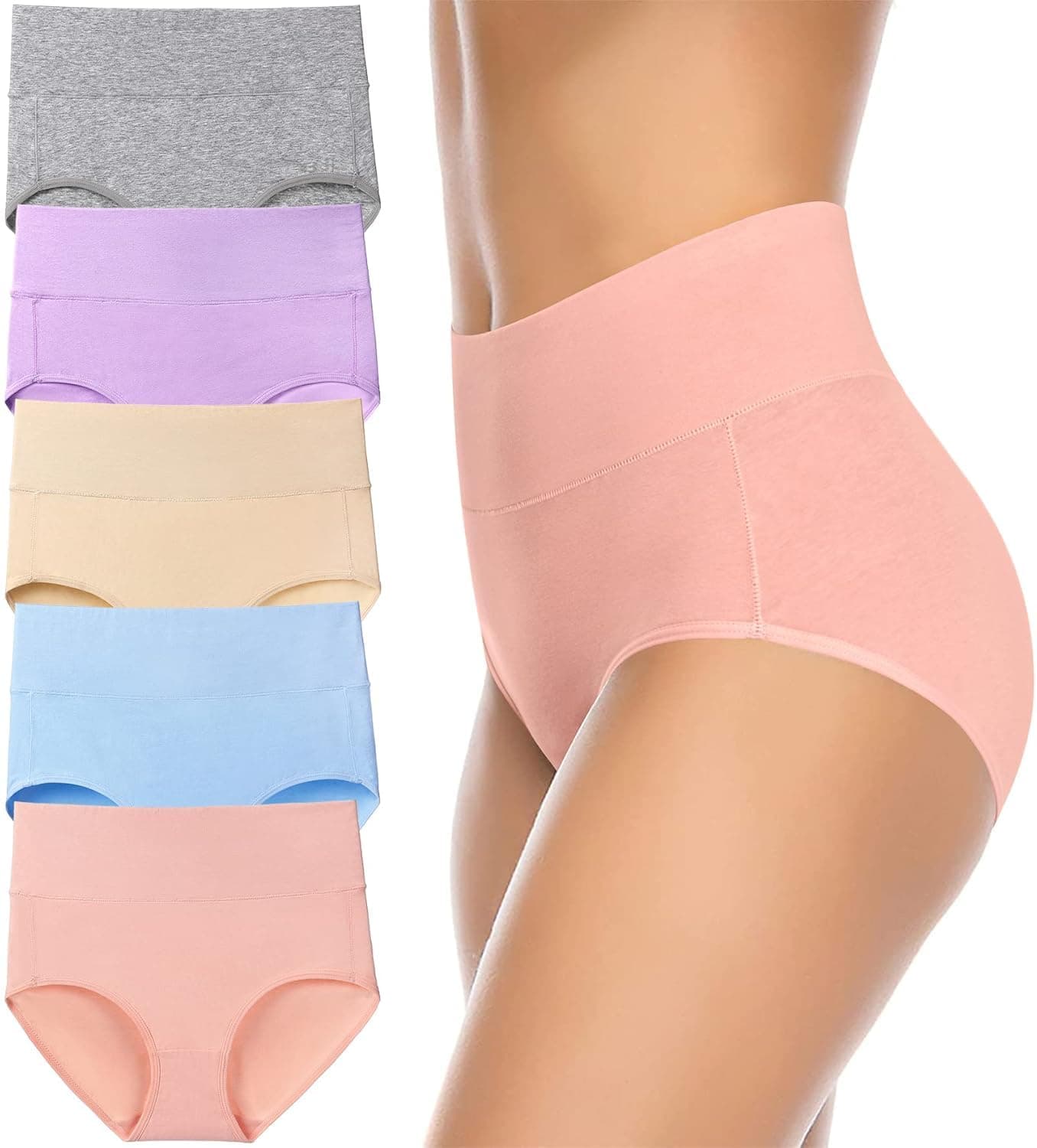 Annenmy Cotton High Waisted Women's Underwear Soft Brief Panties Regular and Plus Size (Medium, Light Colors, 5-Pack)