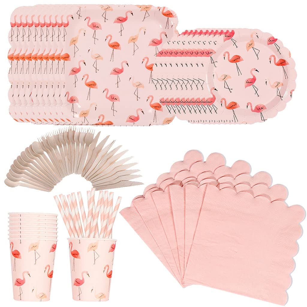 DreamJ 90Pcs Flamingo Disposable Tableware Set, Pink Flamingo Party Supplies with Flamingo Plates Cups Knives Napkins Forks Straws Serves 10 for Girls,Boys Baby Showers Birthday Party Favors Decor