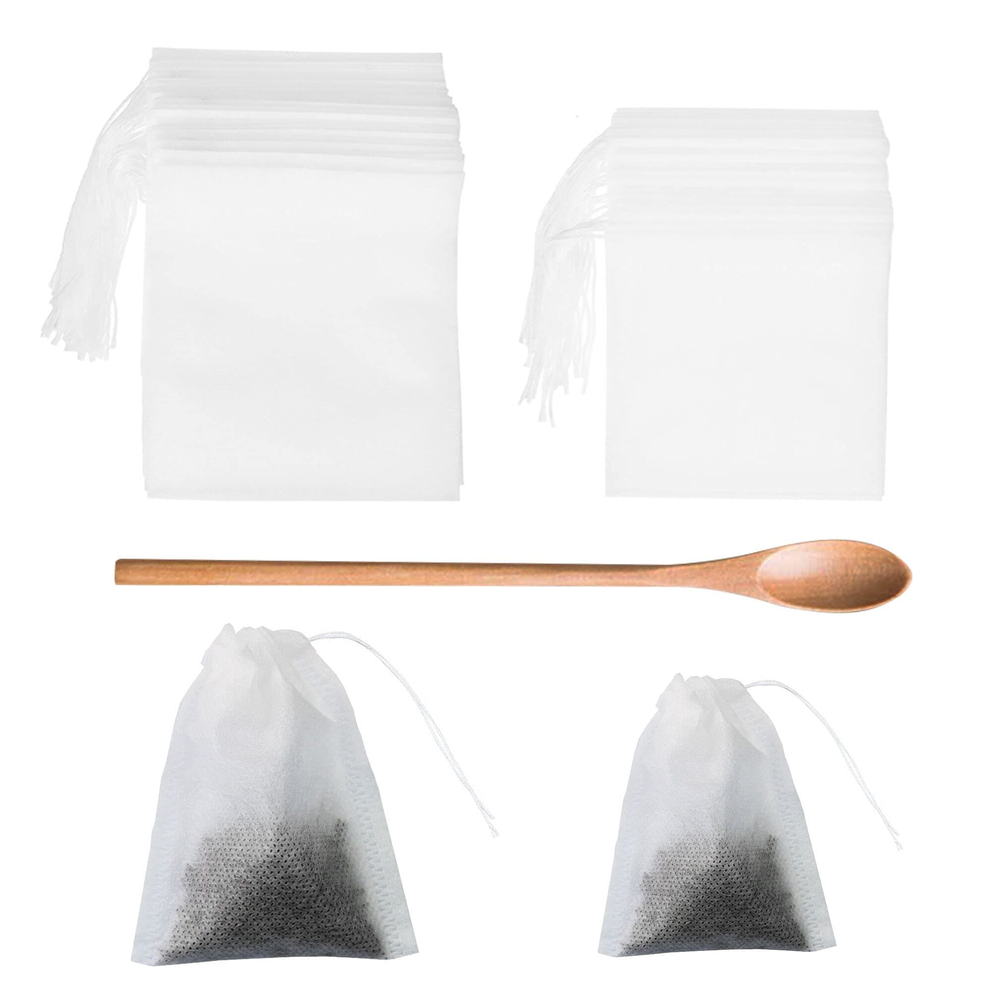 HuLuBB 200 pcs Tea Filter Bag Disposable with Wooden Spoon Drawstring Seal Empty Paper Loose Leaf Flower Fruit Teas Chinese Herbal Medicine White (Mixed Sizes)