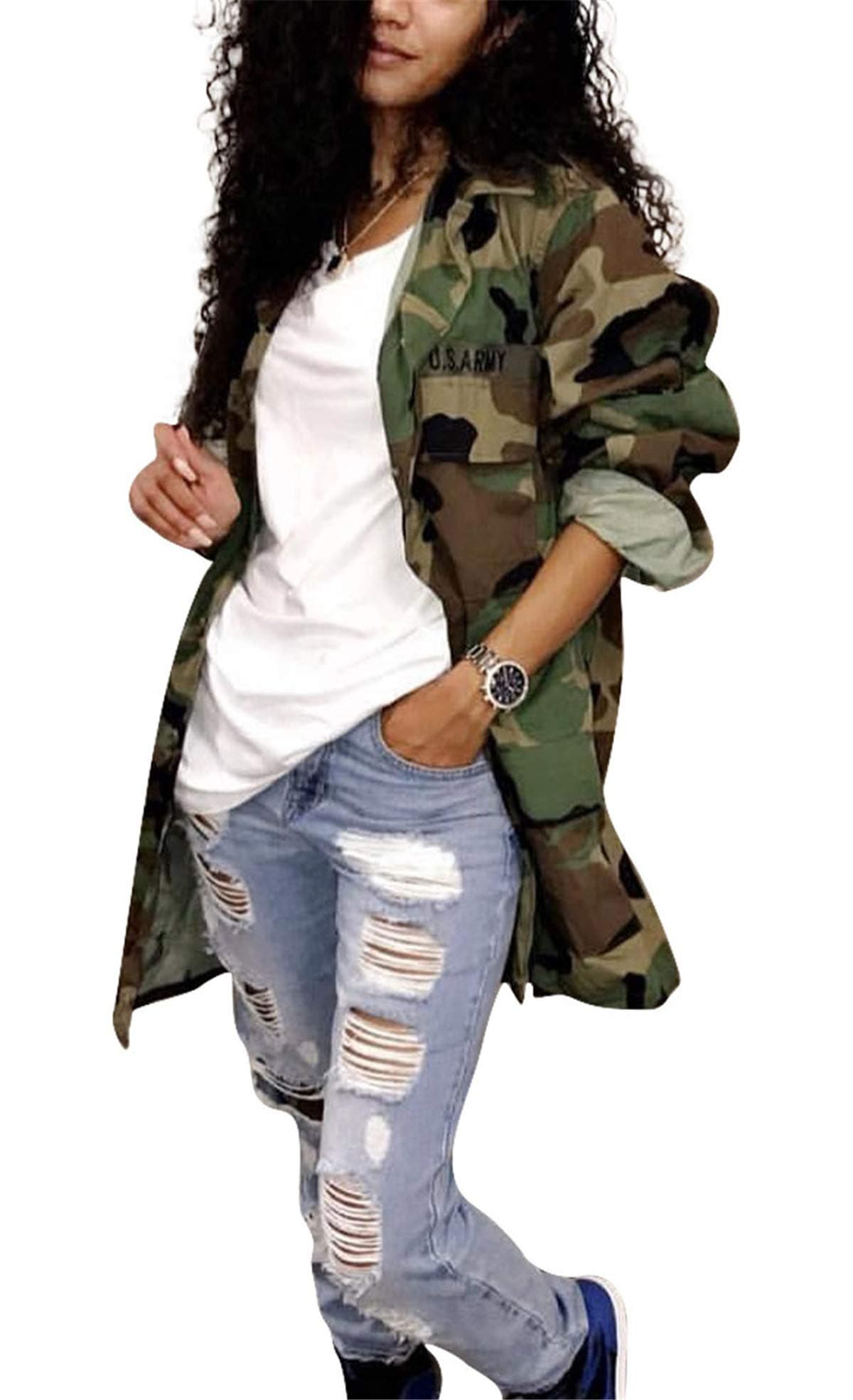 Antique StyleWomens Casual Plus Size Military Camo Printing Lightweight Coat Longline Overcoat Safari Jacket Party Clubwear Army Fatigue Jackets XL