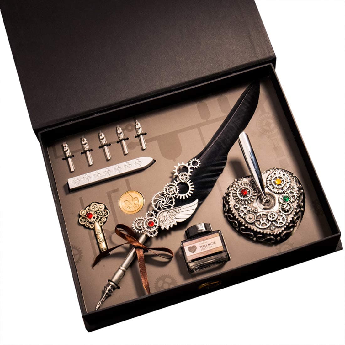 HENHEN Steampunk Calligraphy Pen Set, Mechanical Gear Decorated Quill Feather Pen + Ink + 5 Extra Nibs + Pen Holder + Brass Stamp + Sealing Wax Set, Artist Lettering, in Gift Box