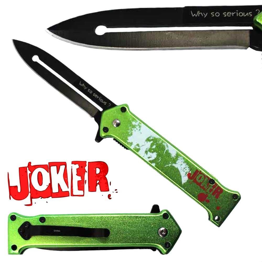 Joker Spring Assisted Opening Pocket Knife Why So Serious? with Belt Clip Tactical Batman Dark Knight 4 Variations (Green)