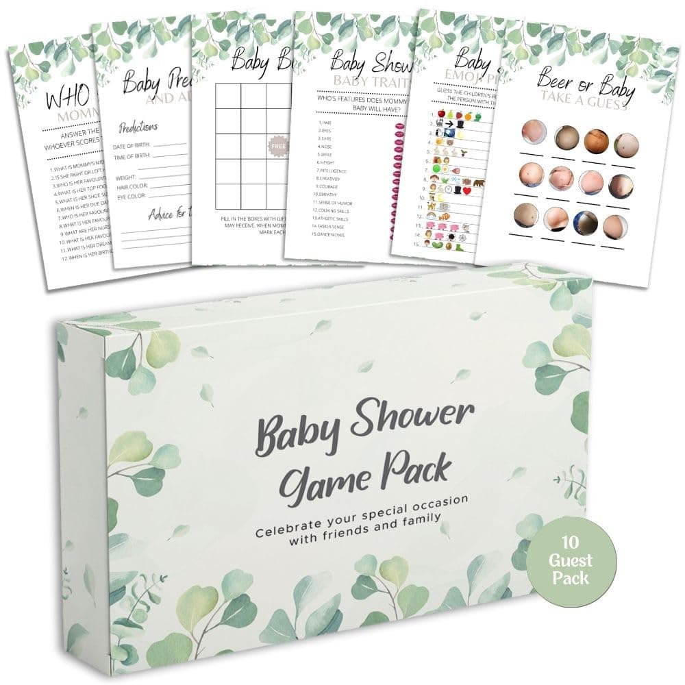 Baby Shower Games - 6 Game Bundle - Eucalyptus, Jungle, Safari, Baby Boy, Baby Girl - 10 Guests Pack (Eucalyptus)