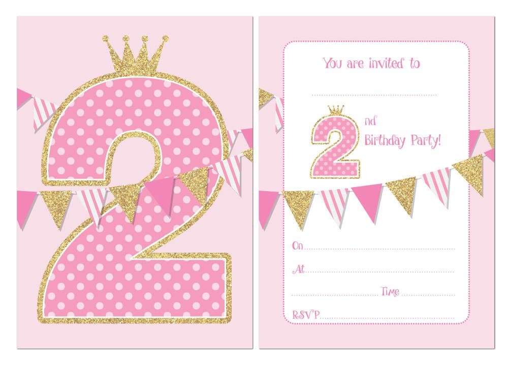 Second Birthday Party Invitations - Pink with Faux Glitter Effect - 24 x A6 postcard size cards (With Envelopes)