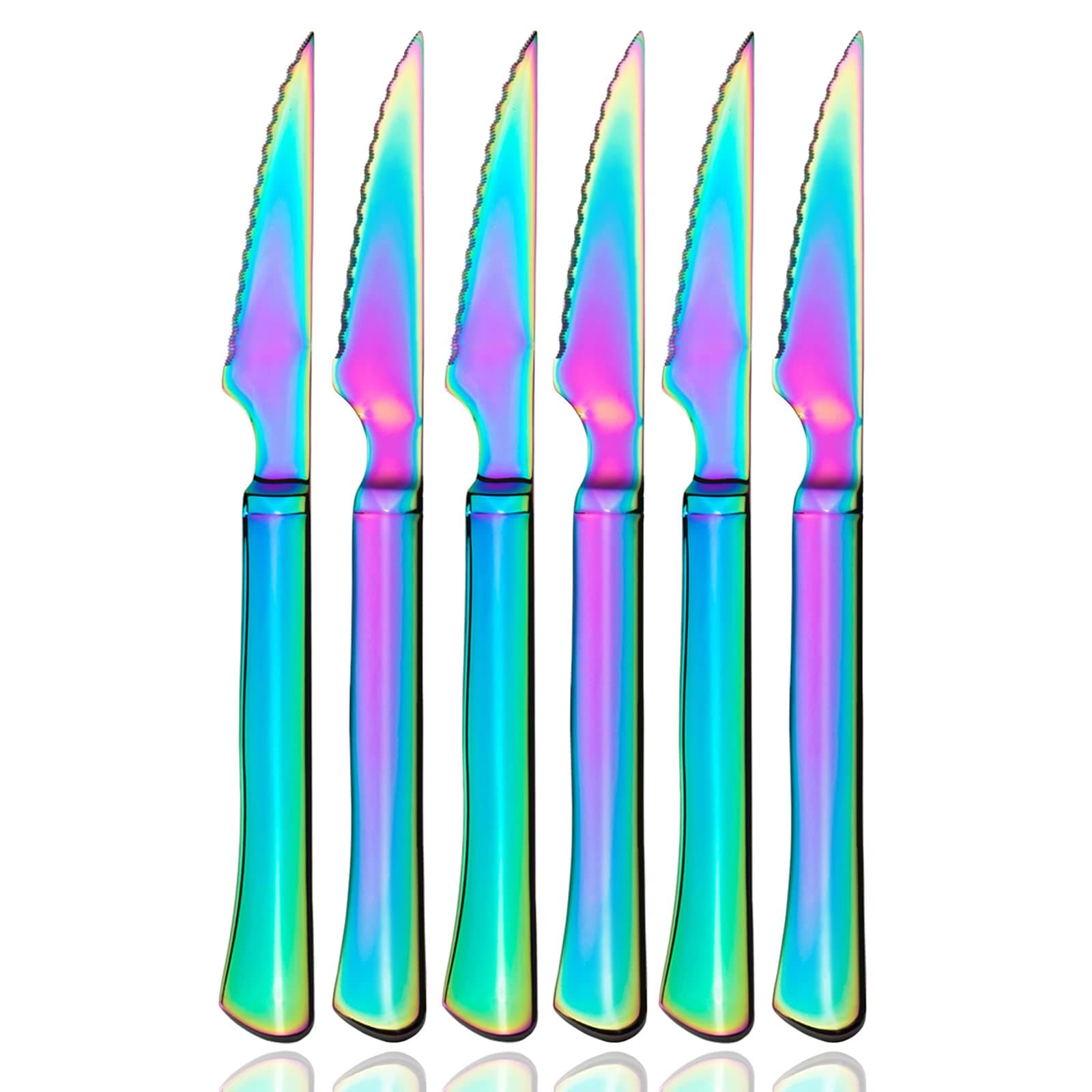 culter Multi-color Ultra-Sharp Serrated Solid Handle Steak Knives, Colorful Silverware Flatware Cutlery Set of 6-Piece, Iridescent Stainless Steel Utensils, Dishwasher Safe (Mirror Rainbow)
