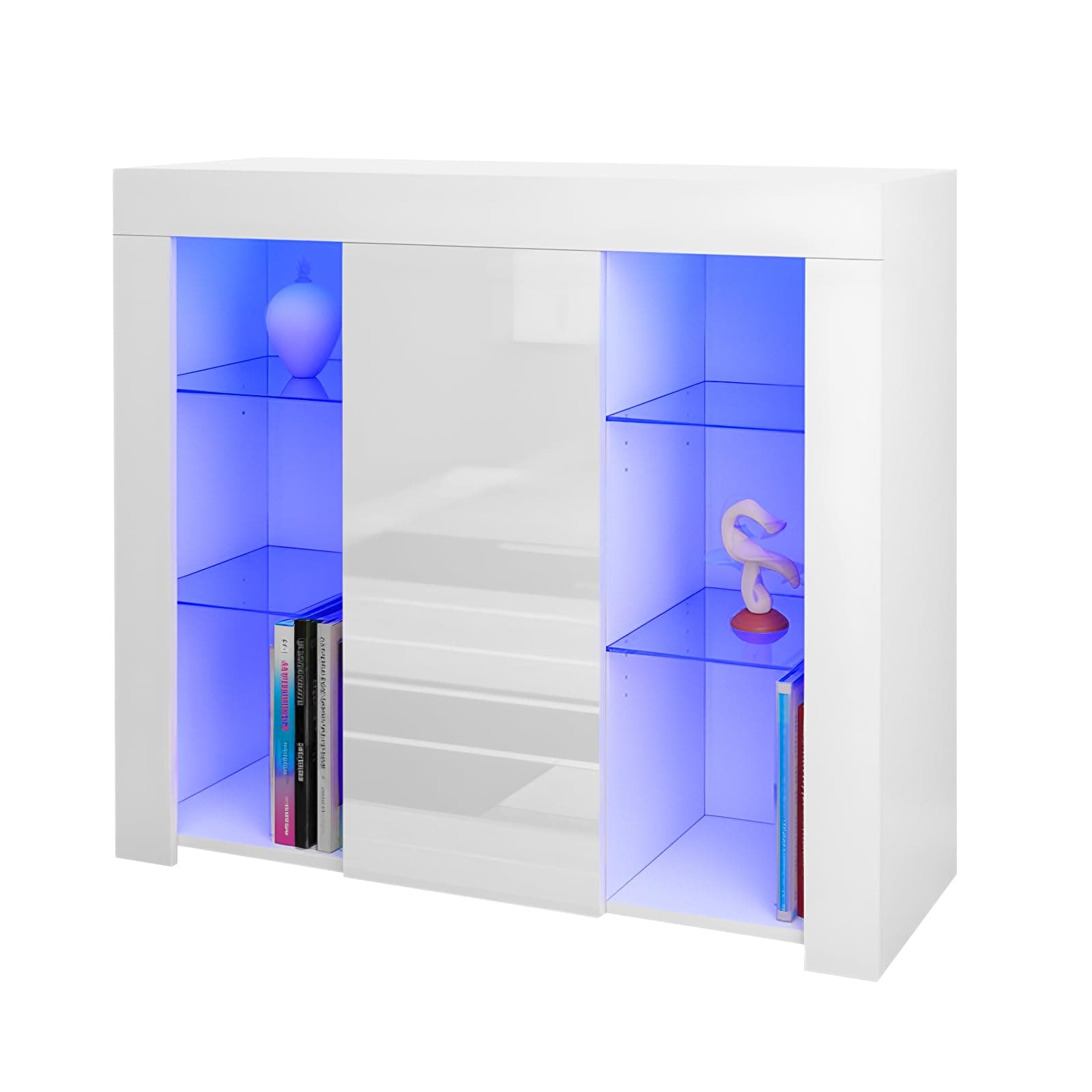 Panana Sideboard Cupboard Unit 4 Glass Shelves Cabinet RGB LED Lighted (White)