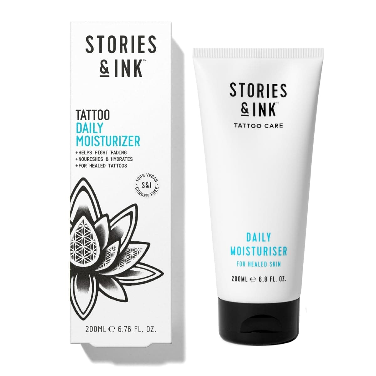 Stories & Ink Tattoo Care | DAILY MOISTURIZER for Healed Tattoos | Fast-Absorbing Hydrating Lotion with Advanced UV Ink Protection to Help Prevent Fading, 200 mL / 6.8 Fl Oz