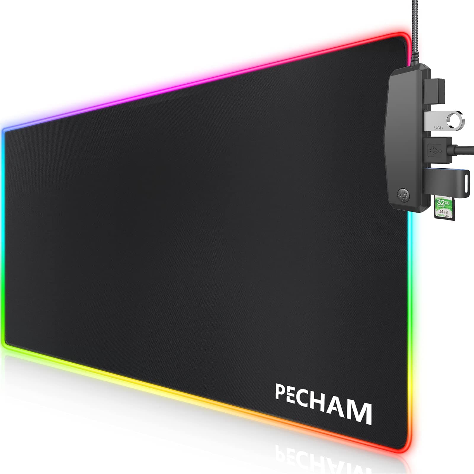 RGB Gaming Mouse Pad with 4 USB Port,PECHAM 4mm LED Soft Extra Extended Large Mouse Pad , Anti-Slip Rubber Base, Computer Keyboard Mouse Mat Desk Pads- 31.5 X 12 Inch