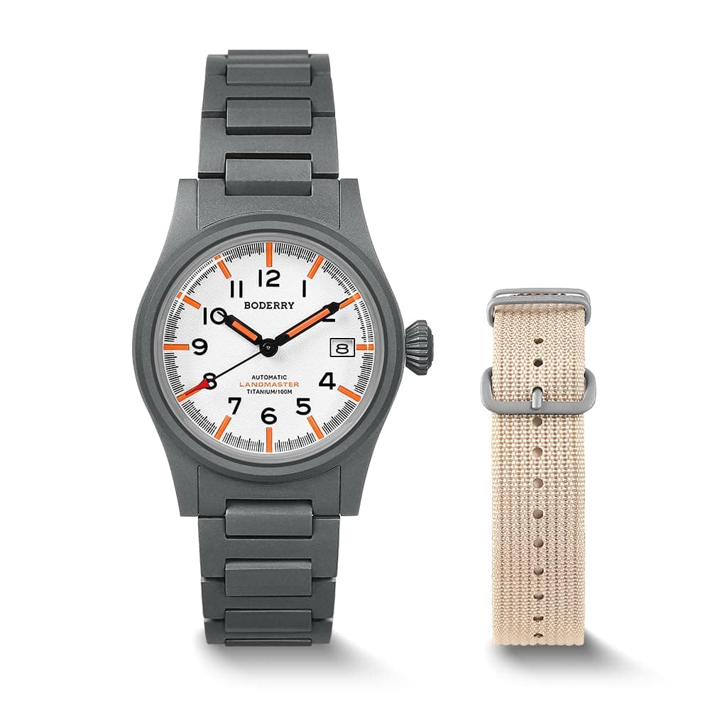 Men's Watch Titanium Automatic Field Watch 38mm Military Watch Day Date Function 100M Waterproof with Nylon Strap Japanese NH35 Mechanical Movement & Screw Down Crown—LANDMASTER