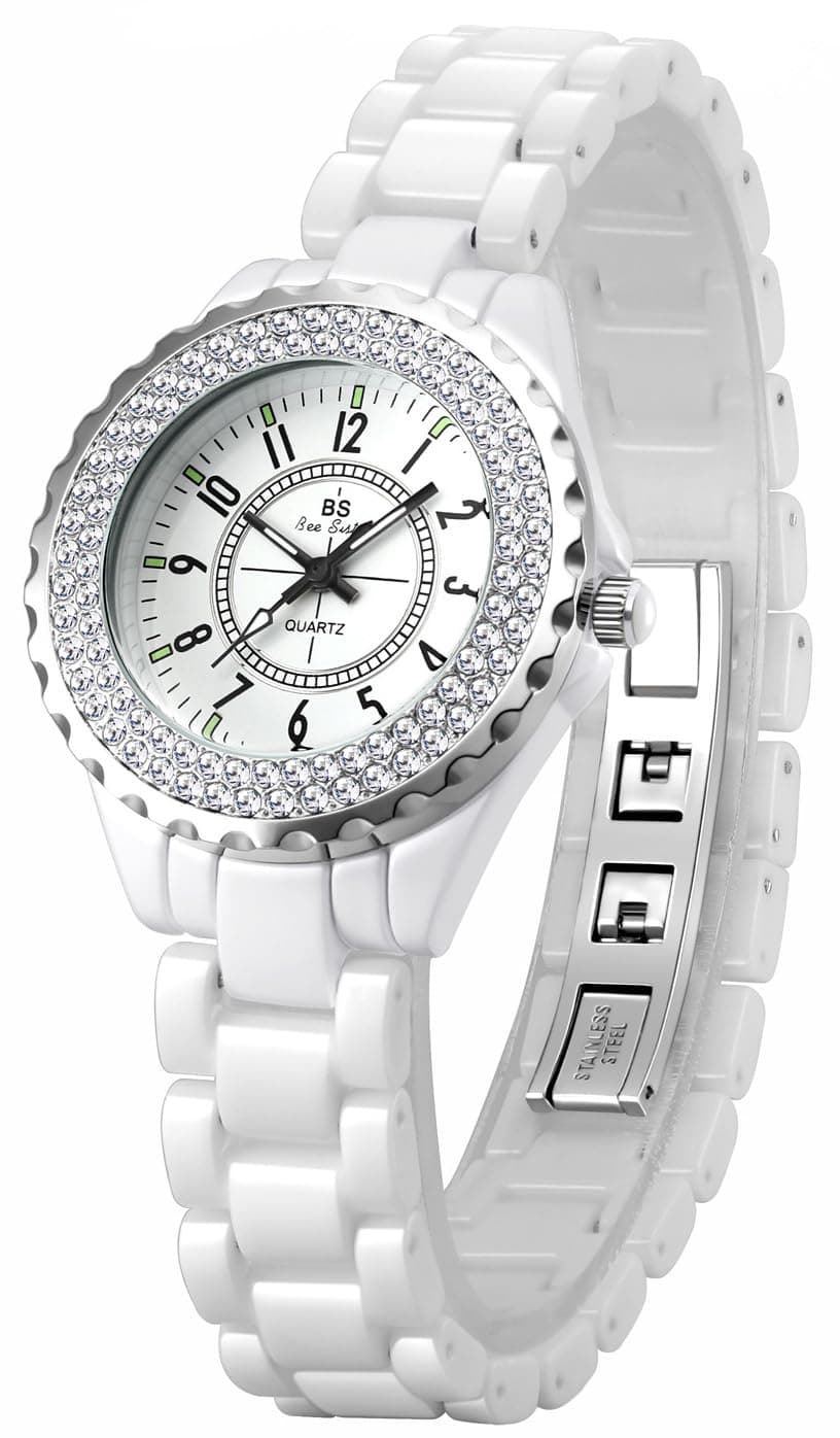 MASTOPWomen's Watches Swarovski Crystal Analog Quartz Waterproof White Ceramic Watch for Ladies Bracelet Watch