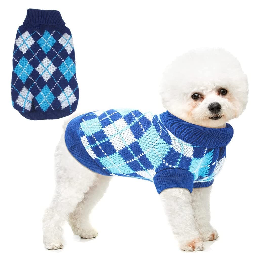 KUTKUT Argyle Style Weaved Pet Sweater Winter Small Dog Clothes (Rhombus Blue)