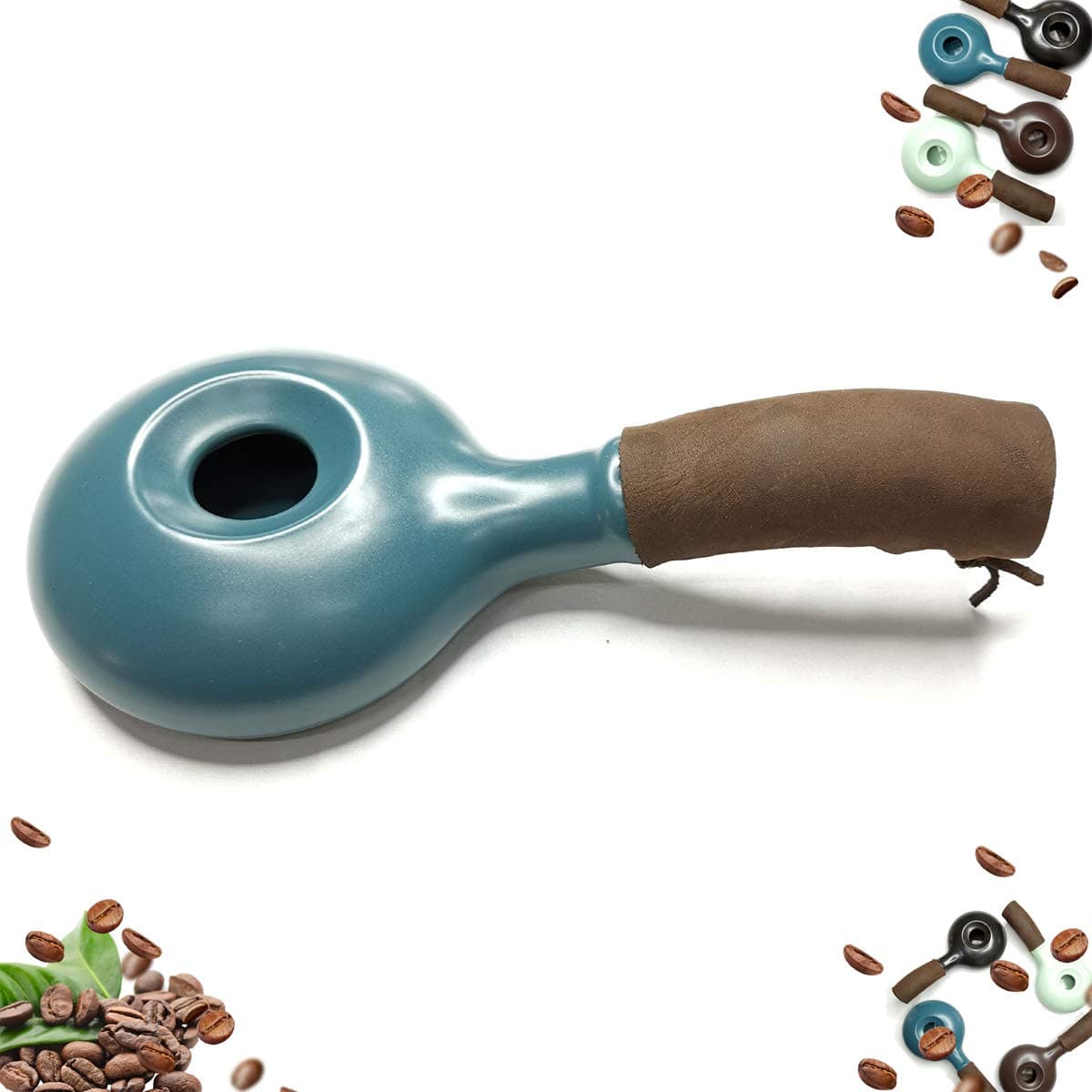Classical Ceramic Coffee Bean Baking Roaster with Genuine Cow Leather Grip (Dark Green) coffee bean roaster machine for home use