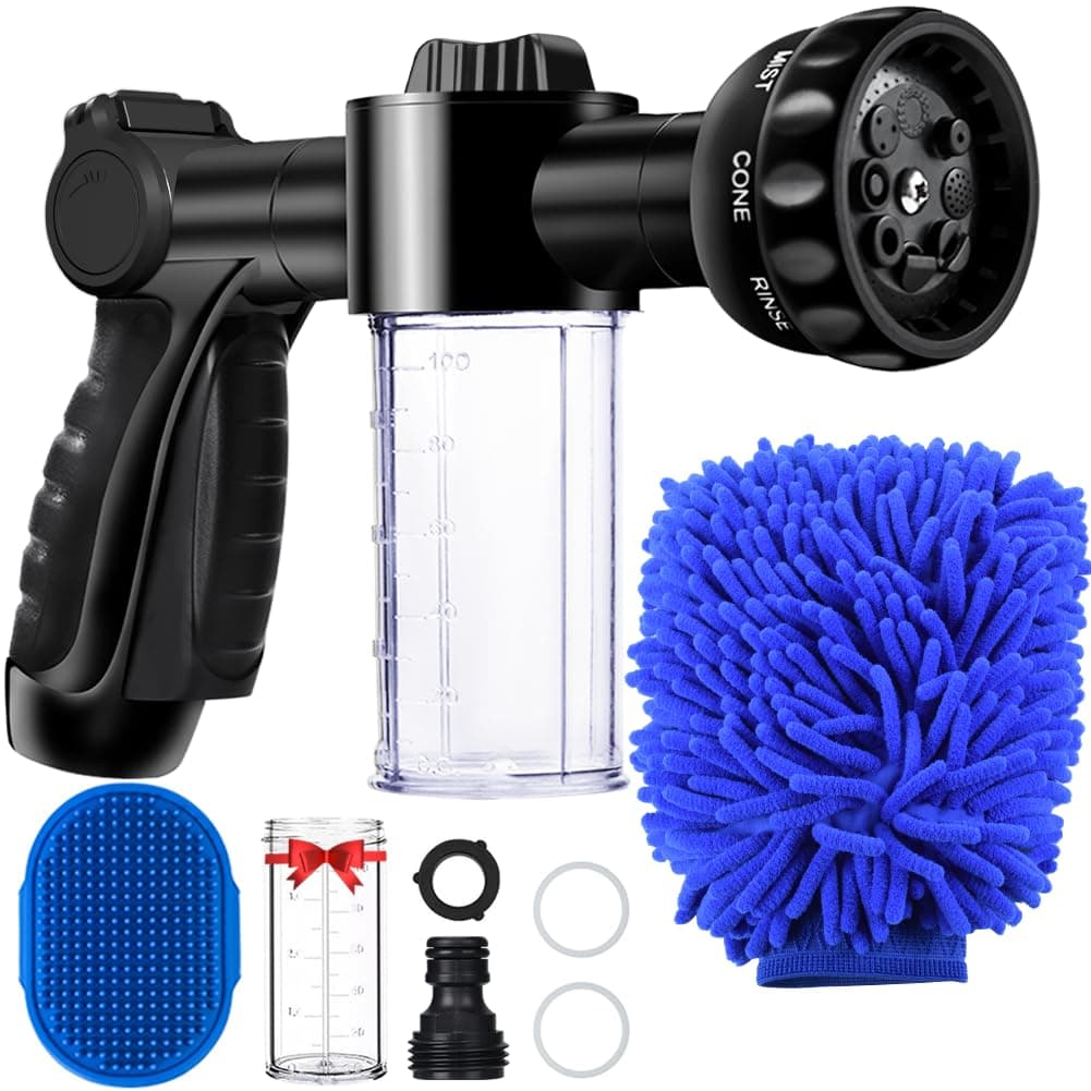 Hose Pipe Spray Gun with Soap Dispenser, Garden Hose Spray Gun Foam Sprayer 8 Way Adjustable High-Pressure Water Gun Sprinkler Hose Pipe Attachment for Car Wash, Pet Wash, Watering Plants Lawn