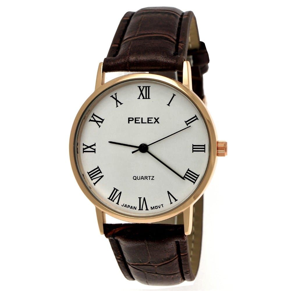 Elegant Pelex London Pewter Ladies Watch Mens Watch Unisex Analog Quartz Wrist Watch Vintage Brown Rose Gold Japanese Quality Uhwerk Roman Numerals White Dial