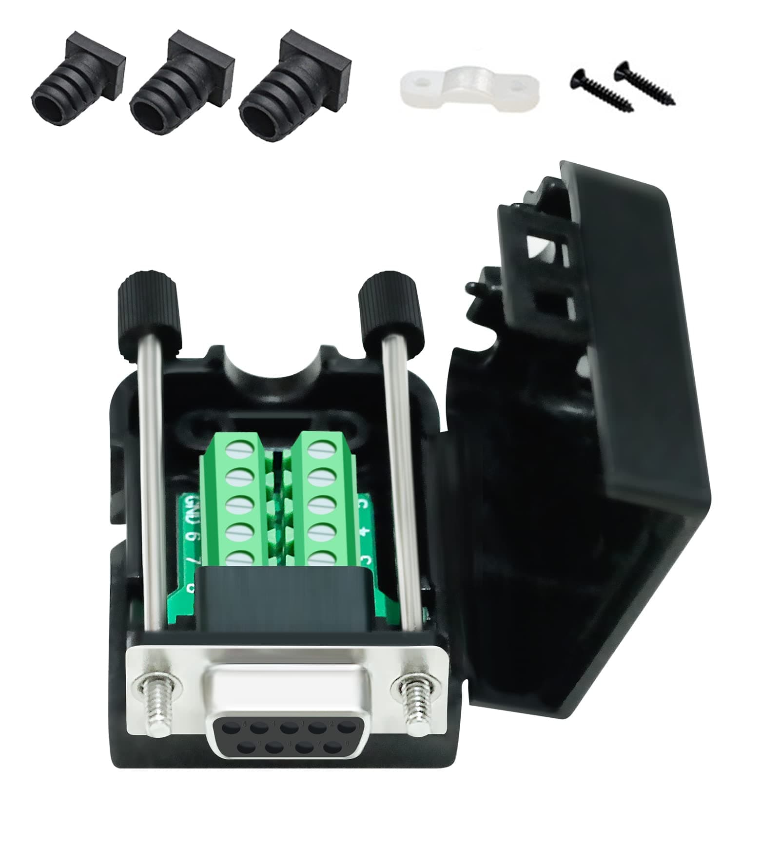 DTECH DB9 Breakout Connector DB-9 Female RS232 Serial Adapter Solderless Module Board with Screw Terminals Block, Case, Long Bolts and Tail Pipes