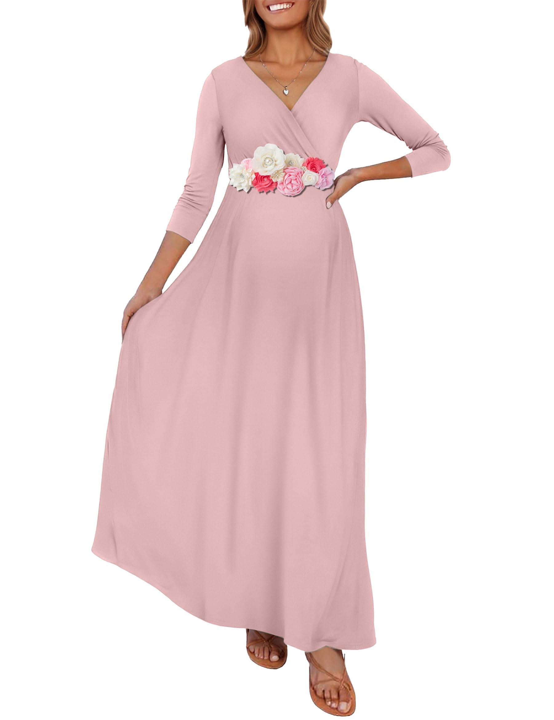 KIM S Maternity Maxi Dress with Flower Sash(S-3XL)/Wrapped Ruched V Neck Photoshoot Baby Shower Dresses